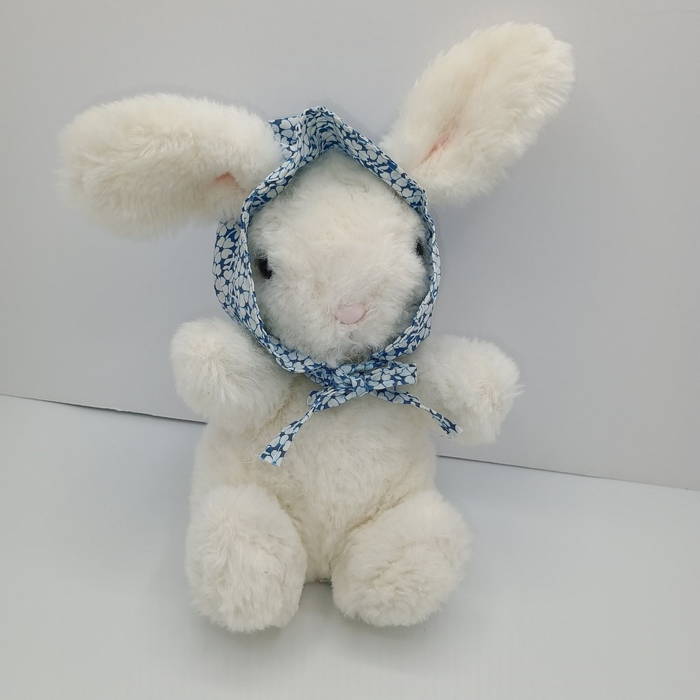 8" 1978 R. DAKIN White PLUSH Bunny Rabbit w/ Blue Flower Bonnet B1